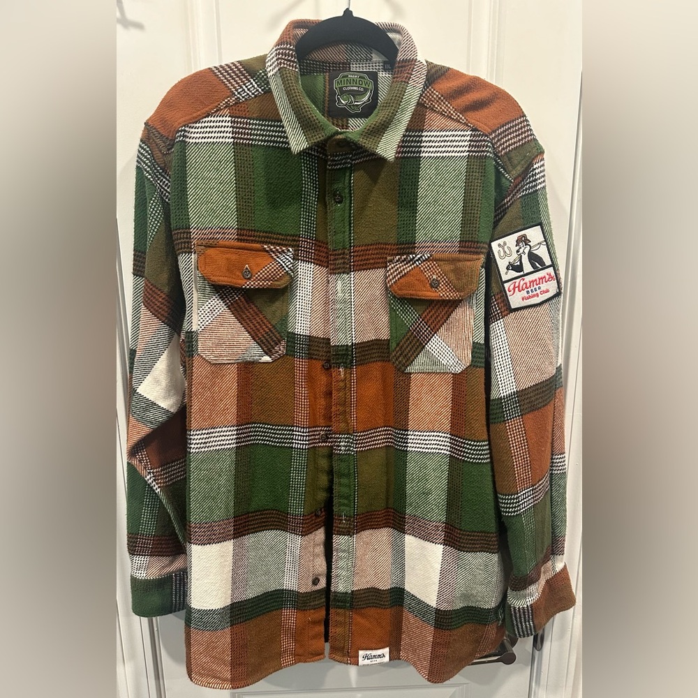 Men’s Angry Minnow Hamm’s Beer Fishing Club Brown/ Green Plaid Flannel- 2XL - Picture 4 of 16